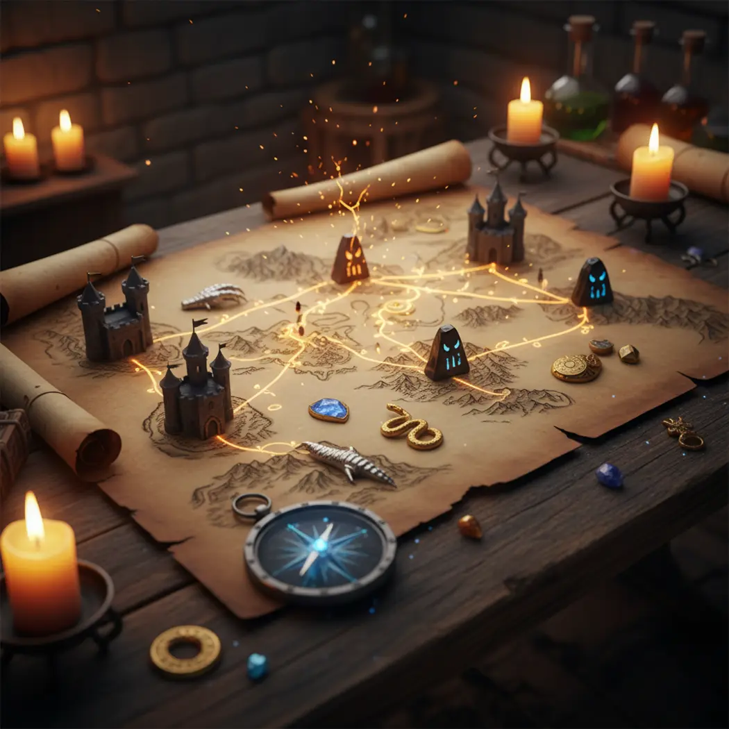 Enchanted fantasy map and quest markers